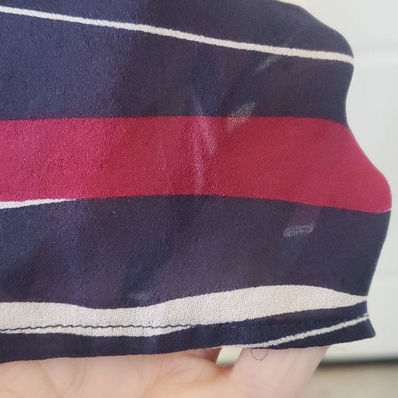 TALBOTS Silk Blouse Navy Blue Burgundy Painterly Stripe Pleats - Picture 9 of 10